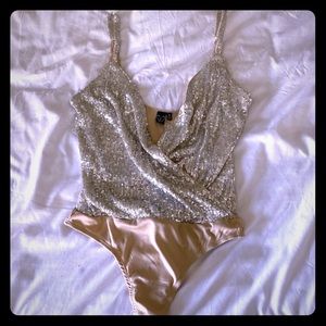 Silver sequin low cut bodysuit